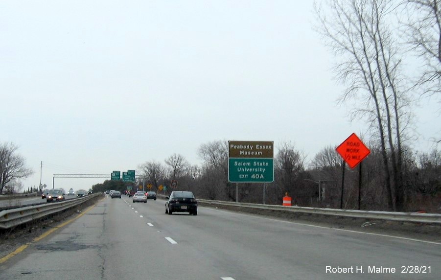 Image of auxiliary sign for MA 114 East exit with new milepost based exit numbers on MA 128 North in Peabody, February 2021