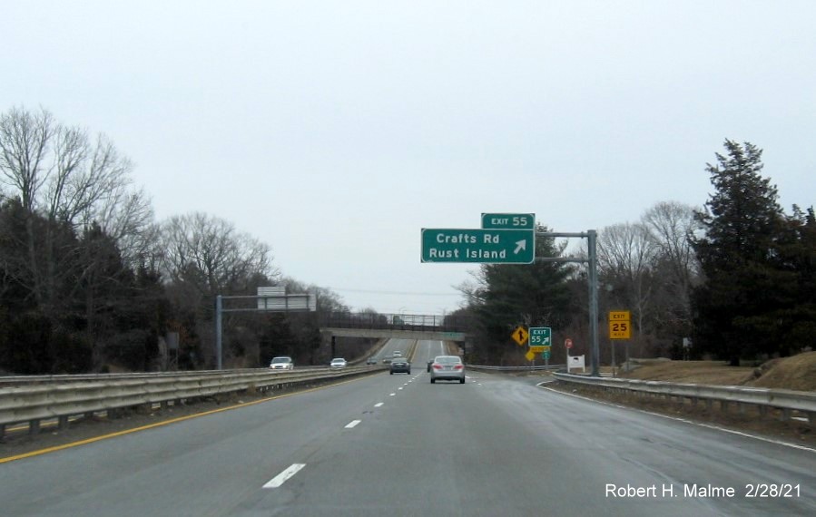 Image of overhead ramp sign for Crafts Road exit with new milepost based exit number on MA 128 North in Gloucester, February 2021