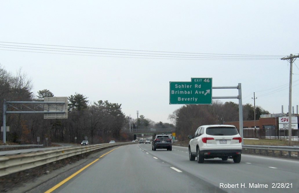 Image of overhead ramp sign for Sohier Road exit with new milepost based exit number on MA 128 North in Beverly, February 2021