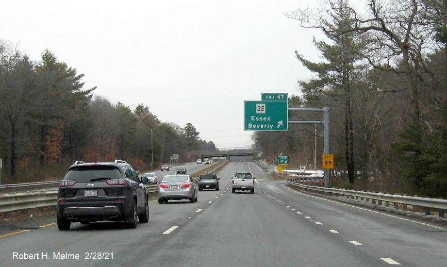 Image of overhead ramp sign for MA 22 exit with new milepost based exit number on MA 128 North in Beverly, February 2021