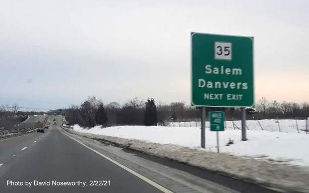 Image of 1/2 mile advance sign for MA 35 exit without exit tab for new milepost based number on MA 128 North in Danvers, by David Noseworthy, February 2021