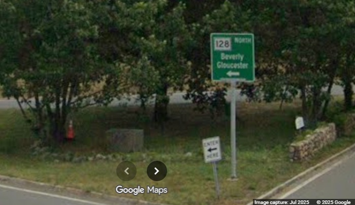 Image of new ramp guide sign for MA 128 North at Centennial Drive exit from bridge 
		in Peabody, Google Maps Street View, July 2025