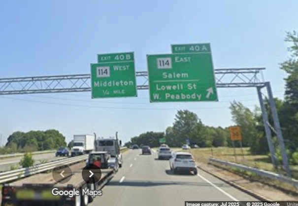 Image of new ramp and advance signs for the MA 114 exits on MA 128 North in Peabody, Google 
	Maps Street View, July 2025