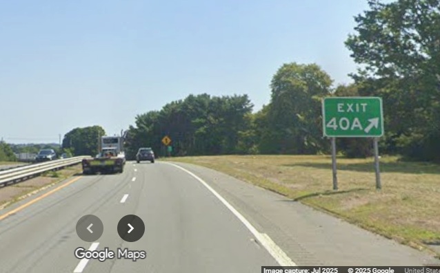Image of new gore sign for the MA 114 East exit on MA 128 North in Peabody, Google Maps 
	Street View, July 2025