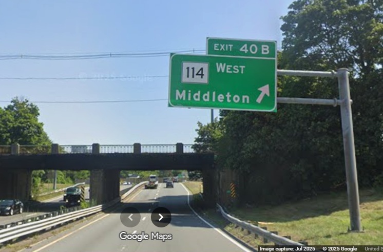 Image of new overhead ramp sign for the MA 114 West exit on MA 128 North in Peabody, 
	Google Maps Street View, July 2025