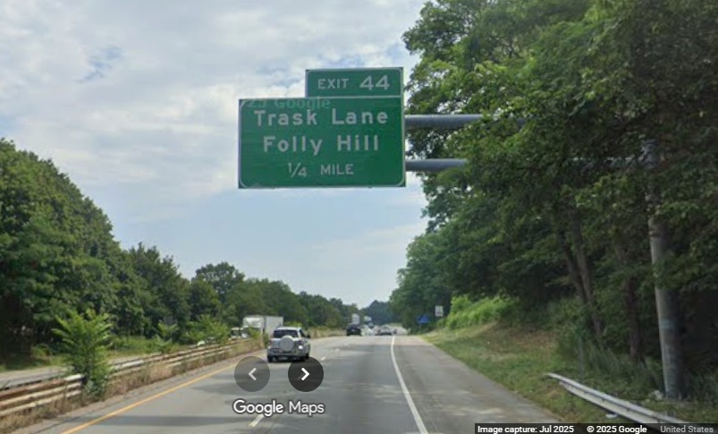 Image of new 1/4 mile overhead advance sign for the Trask Lane exit on MA 128 North 
	in Danvers, Google Maps Street View, July 2025