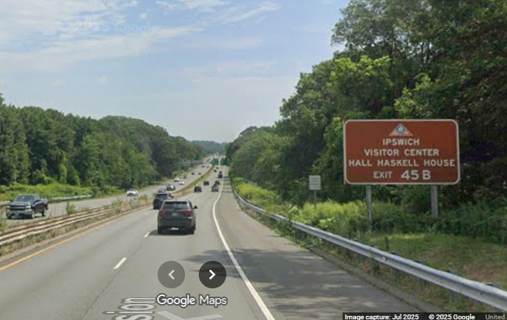 Image of new auxiliary sign for the MA 1A North exit on MA 128 North in Beverly, Google 
	Maps Street View, July 2025