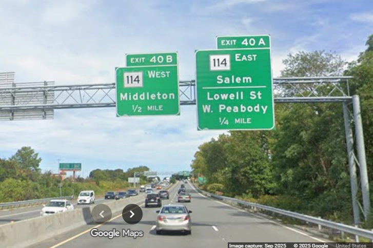 Image of new advance signs for the MA 114 exits on MA 128 North in Peabody, Google Maps 
	Street View, September 2025