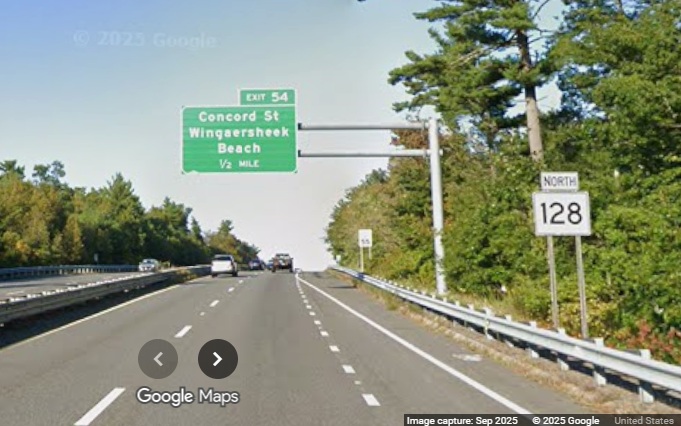 Image of new 1/2 Mile advance overhead sign for Concord Street exit on MA 128 North in 
	Gloucester, Google Maps Street View, September 2025