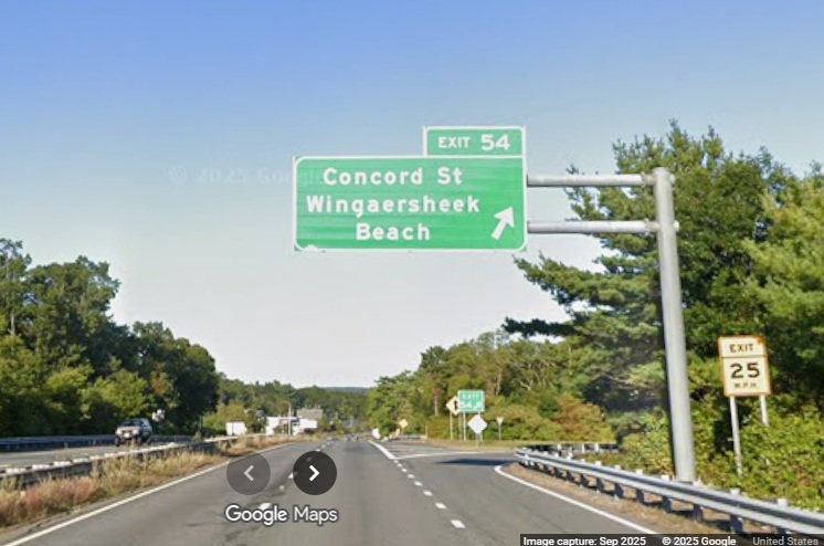 Image of new overhead ramp sign for the Concord Street exit on MA 128 North in 
	Gloucester, Google Maps Street View, September 2025