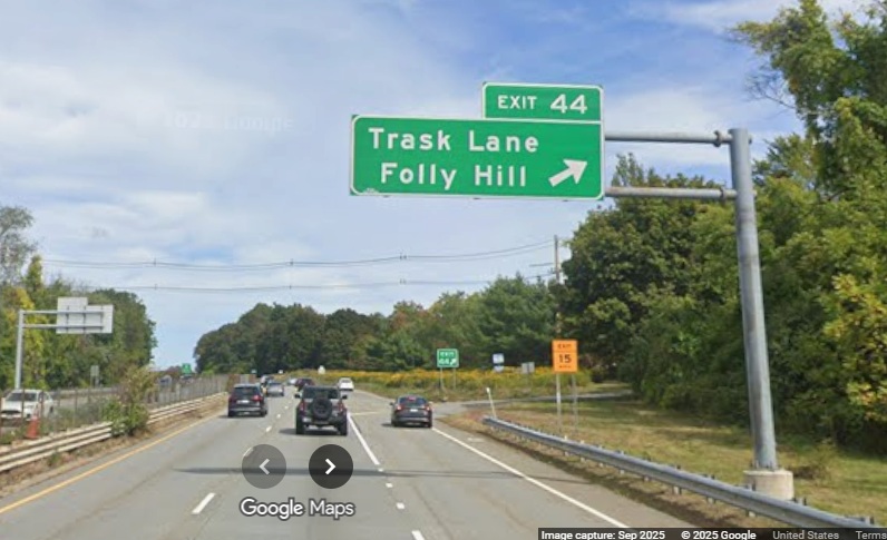 Image of new overhead sign for the Trask Lane exit on MA 128 North in Danvers, Google 
	Maps Street View, 
	September 2025