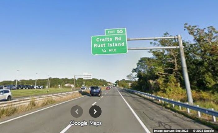 Image of new 1/4 Mile advance overhead sign for Concord Street exit on MA 128 North in 
	Gloucester, Google Maps Street View, September 2025