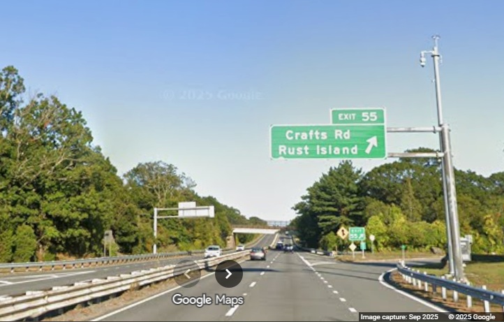 Image of new overhead ramp sign for Crafts Road exit on MA 128 North in 
	Gloucester, Google Maps Street View, September 2025