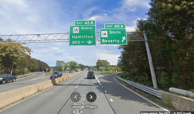 Image of new overhead ramp signs for the Route 1A exits on MA 128 North in Beverly, 
	Google Maps Street View, September 2025