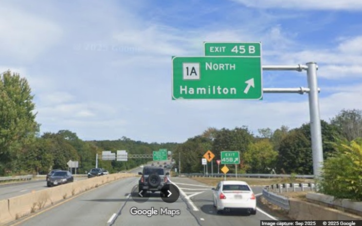 Image of new overhead ramp sign for the Route 1A North exit on MA 128 North in Beverly, 
	Google Maps Street View, September 2025