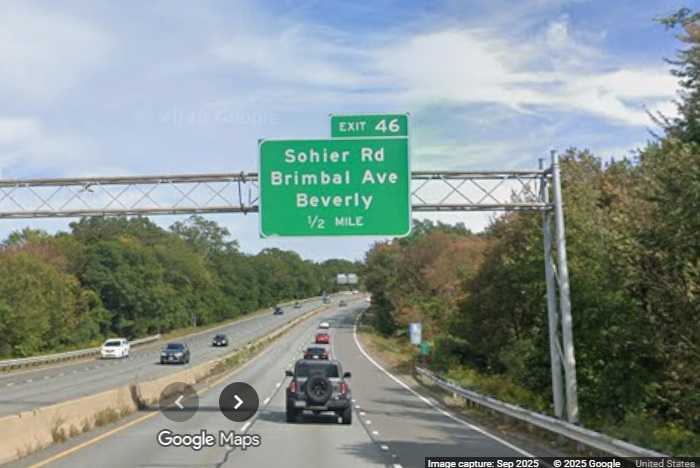 Image of new 1/2 Mile advance sign for the Sohier Road/Brimbal Avenue exit on MA 128
	in Beverly, Google Maps Street View, September 2025