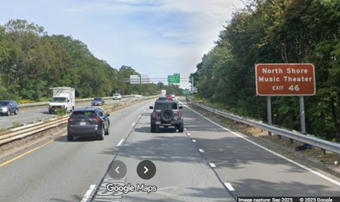 Image of new auxiliary sign for the Sohier Road/Brimbal Avenue exit on MA 128 North in 
	Beverly, Google Maps Street View, September 2025