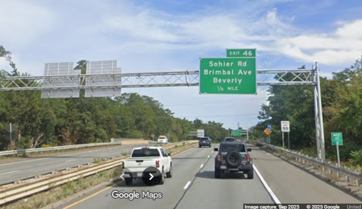 Image of new 1/4 Mile advance sign for the Sohier Road/Brimbal Avenue exit on MA 128 North
	in Beverly, Google Maps Street View, September 2025