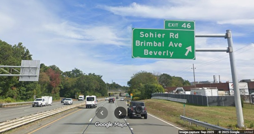 Image of new overhead ramp sign for the Sohier Road/Brimbal Avenue exit on MA 128 North
	in Beverly, Google Maps Street View, September 2025