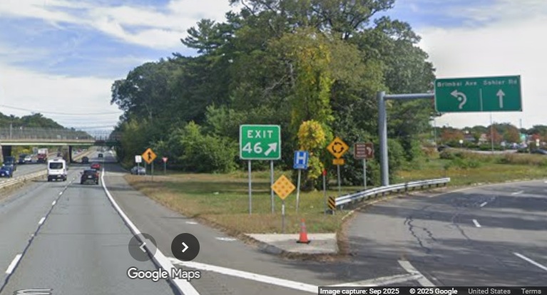 Image of new gore sign for the Sohier Road/Brimbal Avenue exit on MA 128 North in Beverly, 
	Google Maps Street View, September 2025