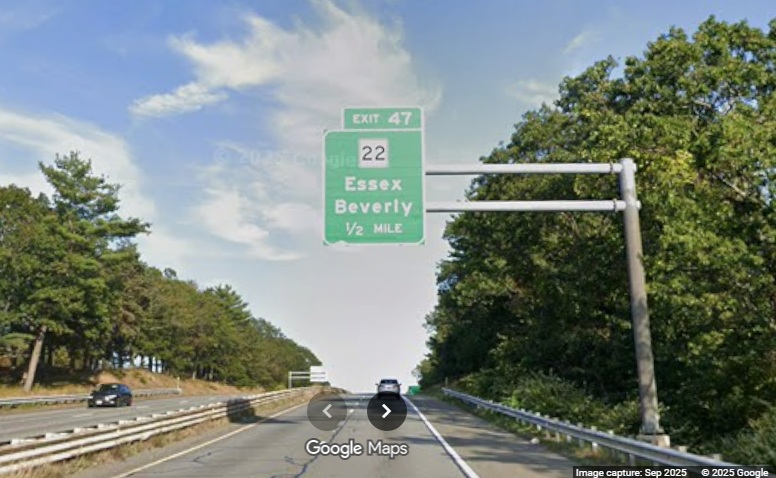Image of new 1/2 Mile advance sign for the MA 22 exit on MA 128 North in Beverly, 
	Google Maps Street View, September 2025