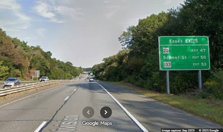 Image of new auxiliary mileage sign for the Essex exits in Beverly on MA 128 North, 
	Google Maps Street View, September 2025