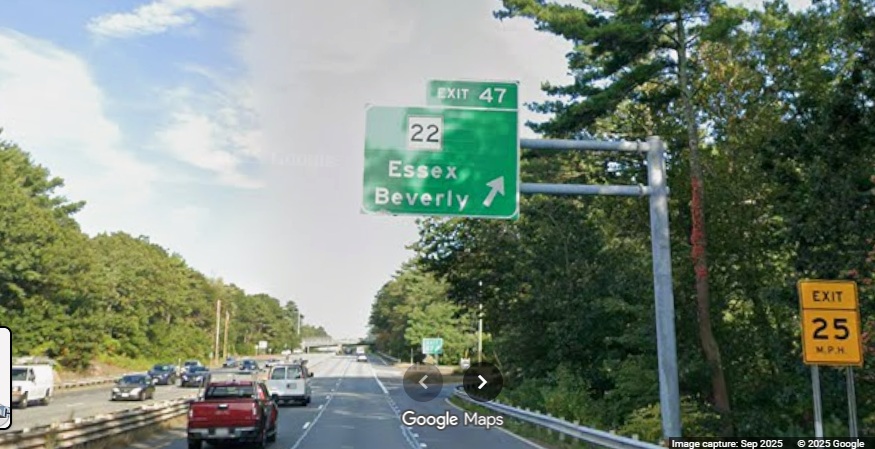 Image of new MA 22 overhead ramp sign on MA 128 North in Beverly, 
	Google Maps Street View, September 2025