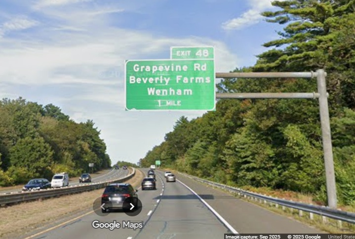 Image of new 1 mile advance overhead sign for Grapevine Road exit on MA 128 North in Wenham, 
	Google Maps Street View, September 2025