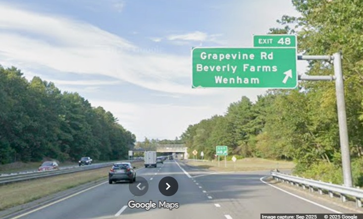 Image of new overhead ramp sign for Grapevine Road exit on MA 128 North in Wenham, 
	Google Maps Street View, September 2025