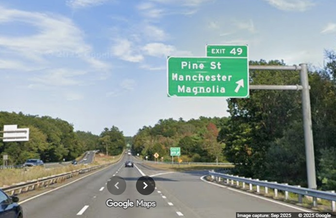 Image of new overhead ramp sign for Pine Street exit on MA 128 North in 
	Manchester-by-the-Sea, Google Maps Street View, September 2025