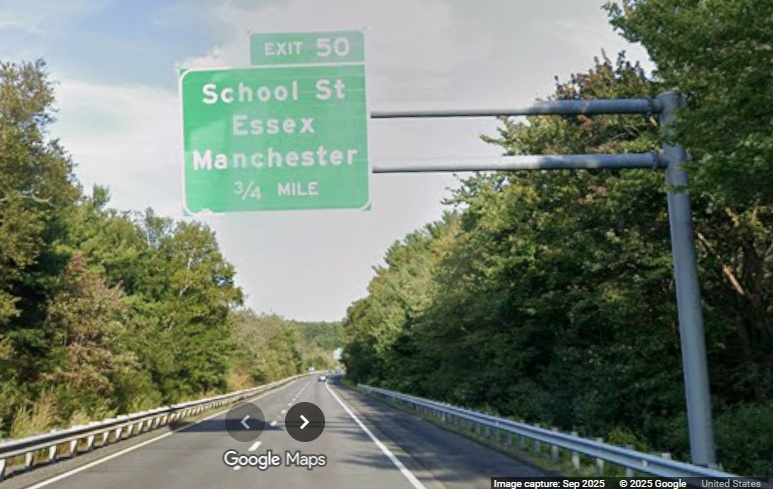 Image of new 3/4 Mile overhead sign for School Street exit on MA 128 North in 
	Manchester-by-the-Sea, Google Maps Street View, September 2025