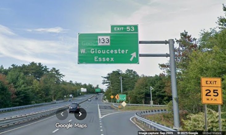Image of new 1 Mile overhead sign for MA 133 exit on MA 128 North in 
	Gloucester, Google Maps Street View, September 2025