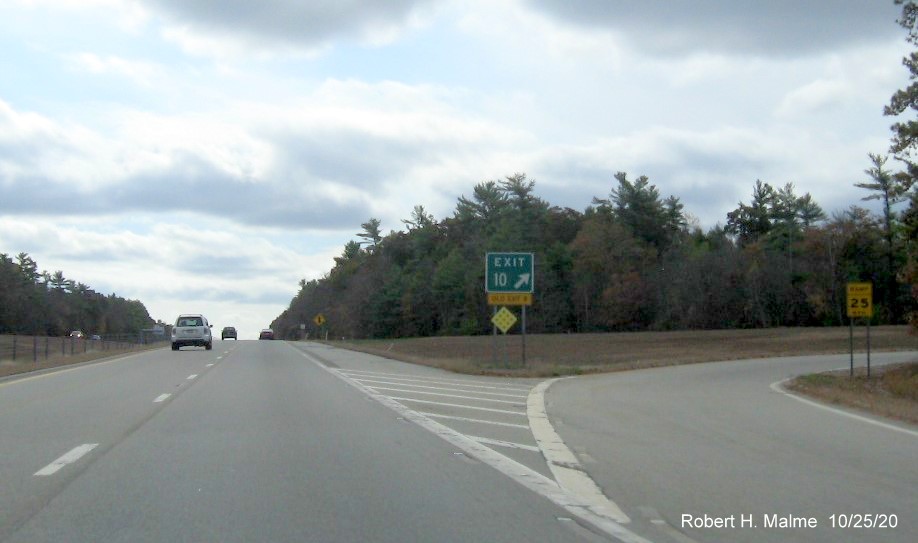 Image of gore sign for Chace Road exit with new milepost based exit number and yellow old exit number tab below on MA 140 South in Freetown, October 2020