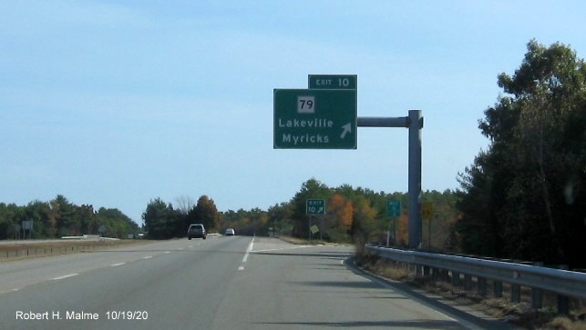 Image of overhead ramp sign for MA 79 exit still with sequential numbers on MA 140 South in Lakeville, October 2020