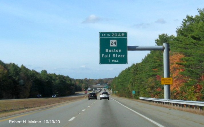 Image of newly renumbered 1-Mile advance overhead sign for MA 24 exits on MA 140 in Taunton, exit numbering was completed on October 22 2020