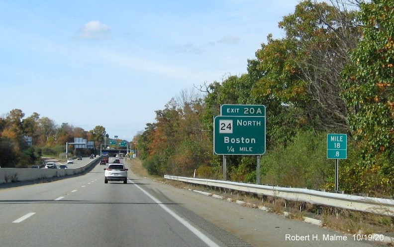 Image of ground mounted 1/4 mile advance sign with new milepost based exit number for MA 24 North exit on MA 140 North in Taunton, October 2020
