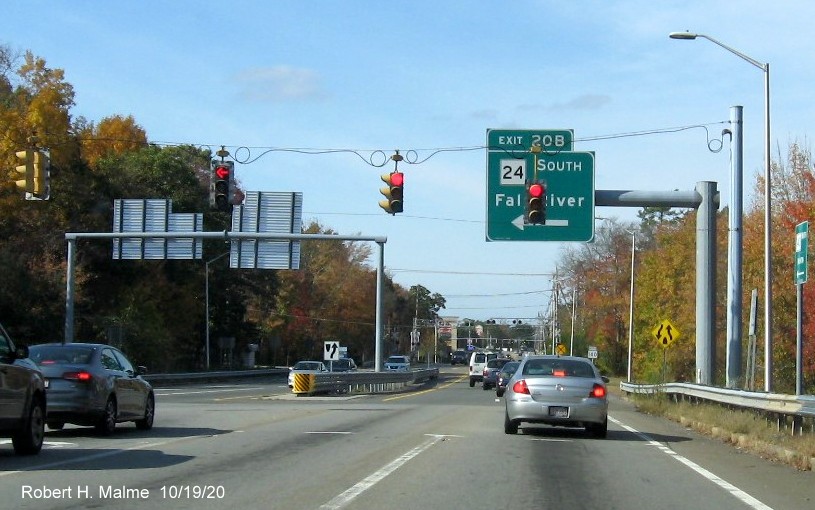 Image of overhead ramp sign with new milepost based exit number for MA 24 South on MA 140 North in Taunton, October 2020