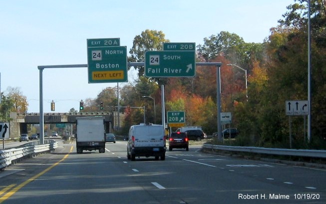 Image of overhead signs at ramp to MA 24 South with new milepost based exit numbers on MA 140 South in Taunton, October 2020
