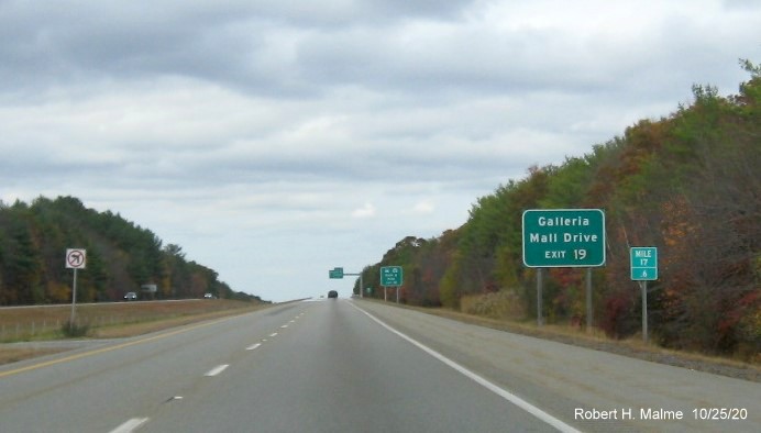 Image of ground mounted auxiliary sign for Stevens Street exit with new milepost based exit number on MA 140 North in Taunton, October 2020