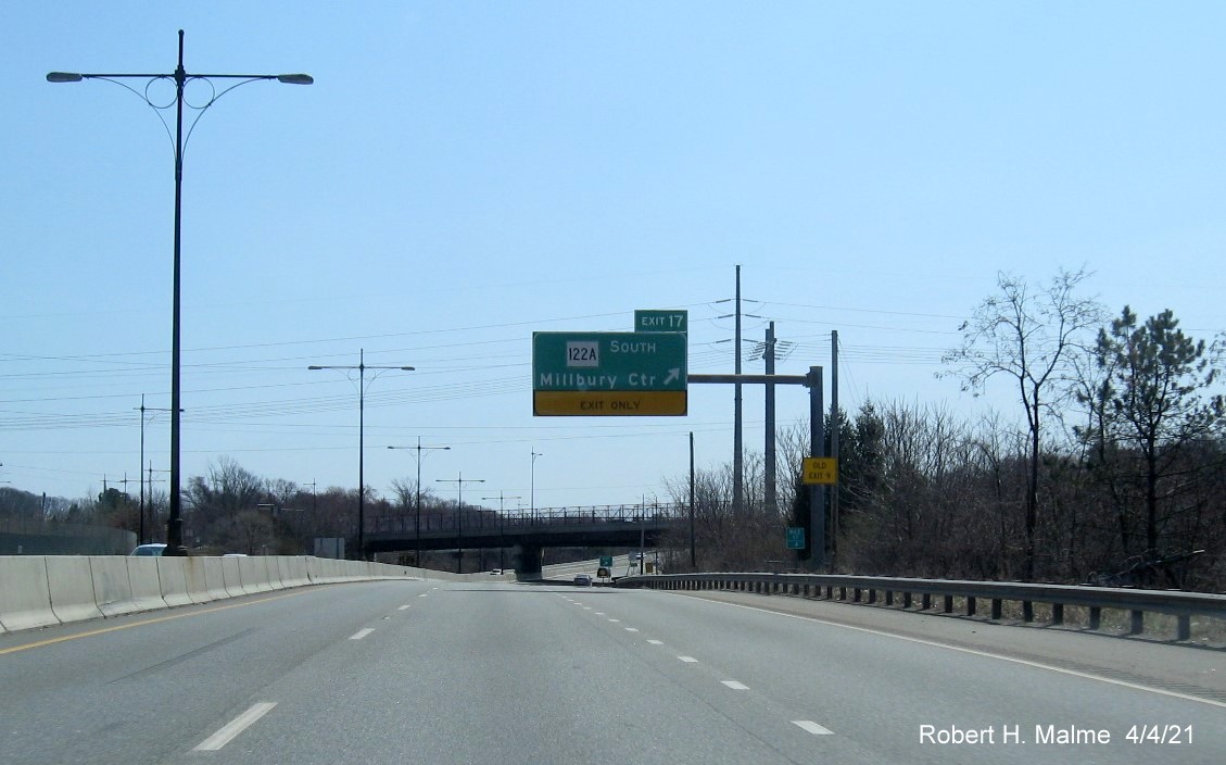 Image of overhead ramp sign for MA 122 South exit with new milepost based exit number on MA 146 South in Millbury, April 2021