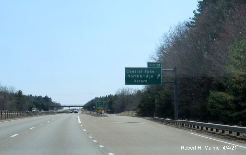 Image of overhead ramp sign for Central Turnpike exit with new milepost based exit number on MA 146 South in Northbridge, April 2021