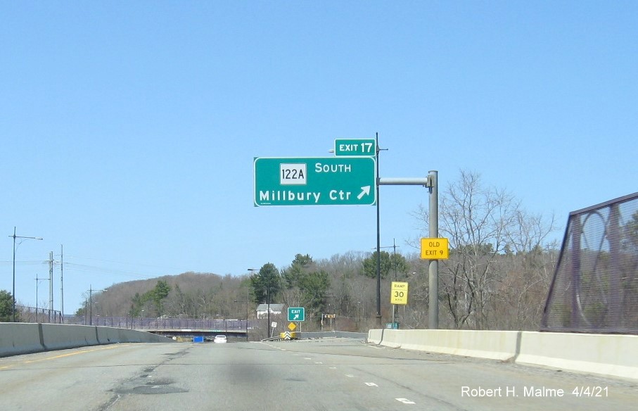 Image of overhead ramp sign for MA 122A South exit with new milepost based exit number on MA 146 North in Millbury, April 2021