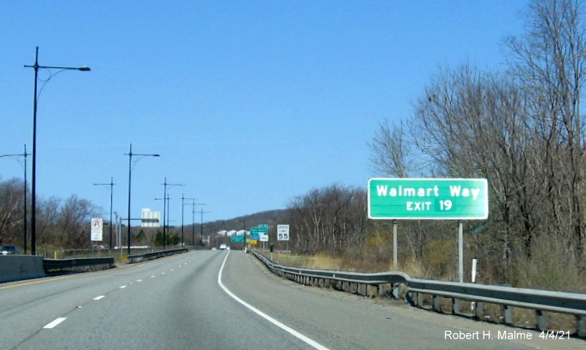 Image of auxiliary sign for Millbury Street exit with new milepost based exit number on MA 146 North in Worcester, April 2021