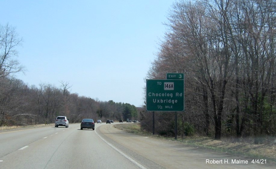Image of 1/2 mile advance sign for To MA 146A exit with new milepost based exit number on MA 146 South in Uxbridge, April 2021