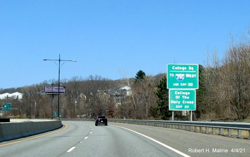 Image of auxiliary signs for MA 122A North exit with new milepost based exit numbers on MA 146 North in Worcester, April 2021