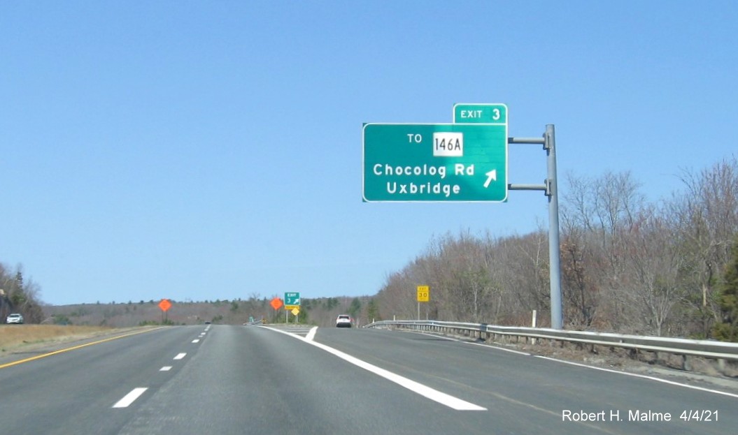 Image of overhead ramp sign for To MA 146A exit with new milepost based exit number on MA 146 North in Uxbridge, April 2021