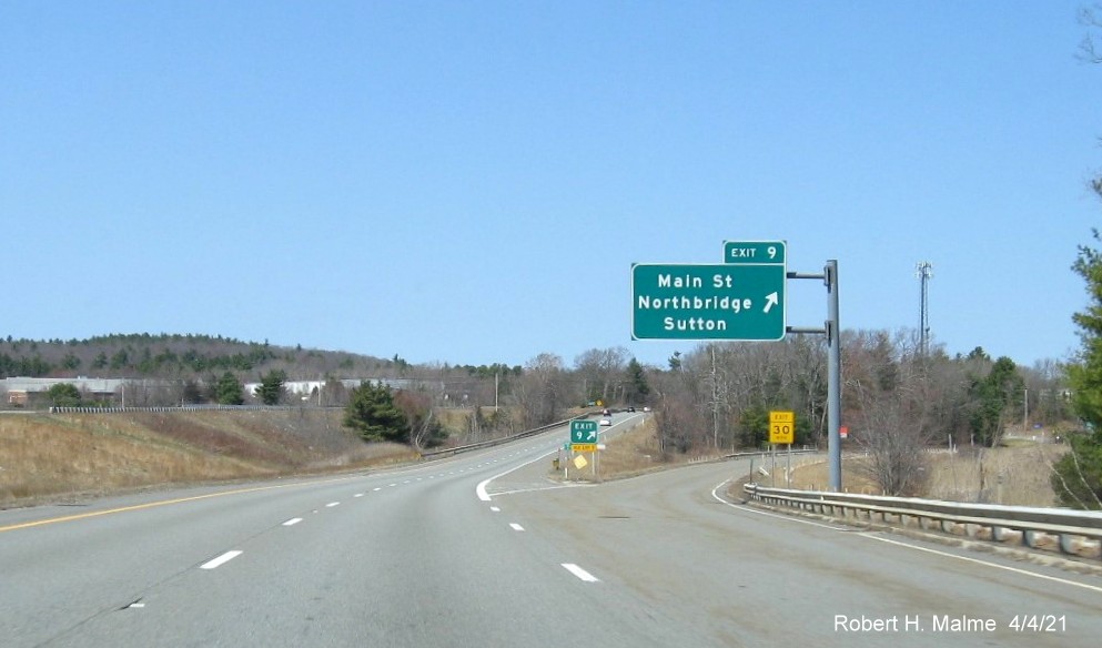 Image of overhead ramp sign for Main Street exit with new milepost based exit number on MA 146 North in Northbridge, April 2021