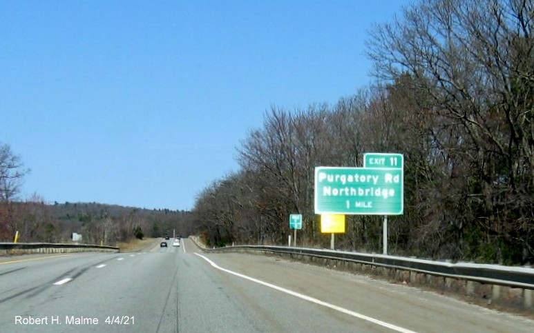 Image of 1 Mile advance sign for Purgatory Road exit with new milepost based exit number and yellow Old Exit 6 sign on left support on MA 146 North in Northbridge, April 2021