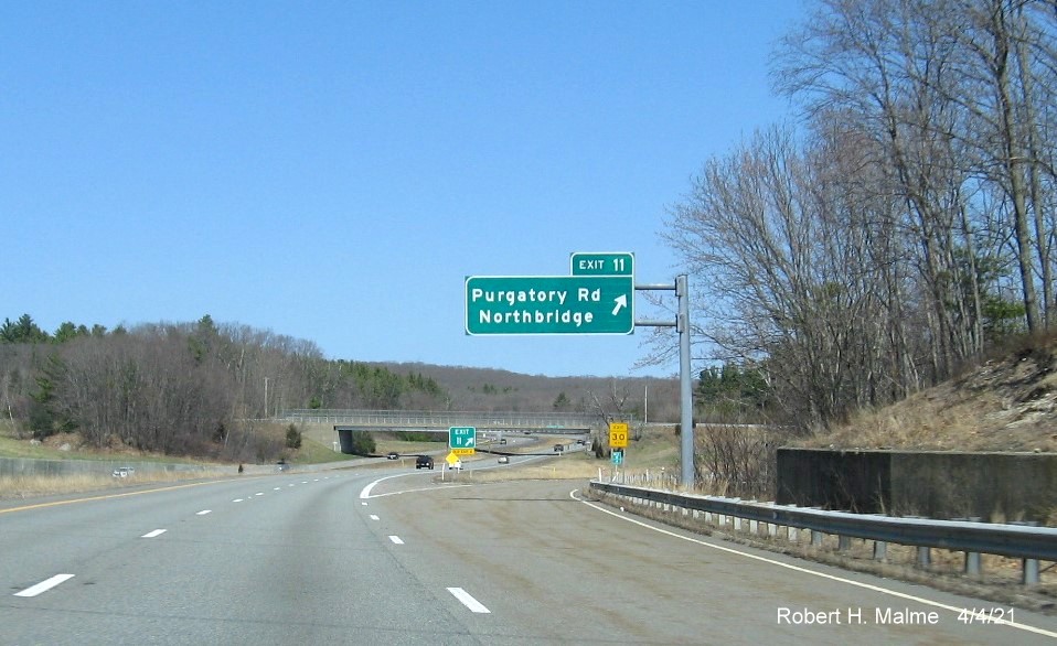 Image of overhead ramp sign for Purgatory Road exit with new milepost based exit number on MA 146 North in Northbridge, April 2021