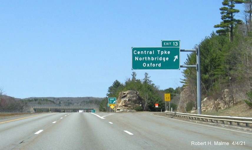 Image of overhead ramp sign for Central Turnpike exit with new milepost based exit number on MA 146 North in Northbridge, April 2021